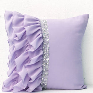 Designer Pillow Cover In Lilac With Ruffles And sequins Gift Pillow Accent Pillow