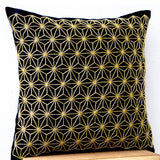 Gold Hemp Leaf Embroidery Sashiko Pillow Case On Black Faux Silk Designer Cushion