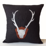 Deer Pillow Cover, Deer Antler Pillow In Black Burlap With Exquisitely Embroidered Deer Cushion