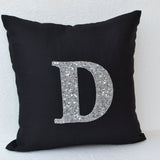 Handcrafted Silver Sequin Monogram Throw Pillows Cover On Black Linen