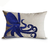 Decorative Linen Throw Pillow Cover With Hand Embroidered Octopus