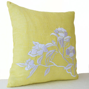 Flower Pillow- Yellow Pillow Cover -Iris Flowers Embroidered Pillow- Linen Pillow Covers- Modern Throw pillows- 16x16- Yellow White Pillows