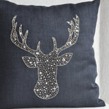 Deer Pillows -Stag embroidered gold silver sequin - Linen pillow covers -Charcoal Grey pillows -Grey pillows- Christmas pillows 16x16- Gift