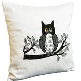 Decorative throw pillows with Owl embroidery- Ivory silk owl pillow - Animal pillow - Sequin cushion -16x16 pillows -  black white pillow