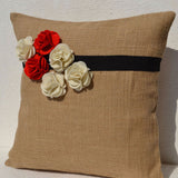 Burlap pillow cover with red white flower Decorative cushion cover Throw pillow