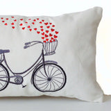 Decorative Throw Pillow Cover with Heart Bicycle Embroidered on Canvas-12x20- Engagement Wedding Anniversary Birthday Gift- Back to School