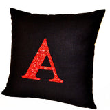 Initial pillow - Red Sequin Monogram decorative pillow- Monogrammed Throw pillows - pillow cover - Black linen pillow 18X18 - Sofa pillow