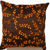 Brown Accent Pillows Orange Bead Sequin Detailed Leaves Cushion