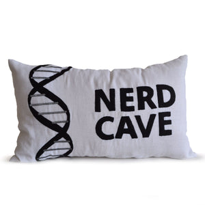 Decorative Throw Pillow Cover White Linen Black Nerd Cave Embroidery Gift For Him Bachelor Pad