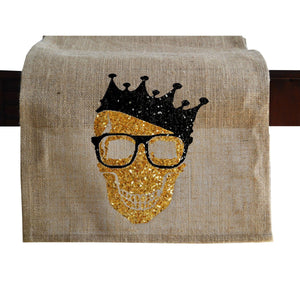 Gold Sequin Spooky Skull Burlap Table Runner