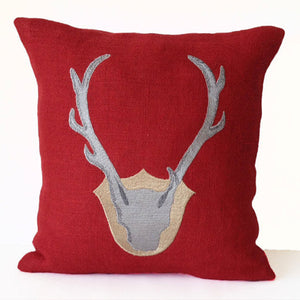 Deer Antler Pillow On Red Burlap With Embroidery For Christmas Decor