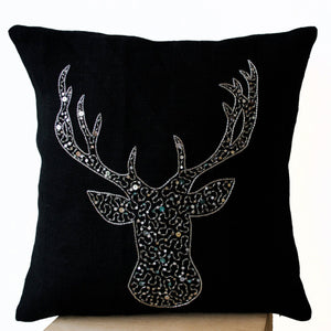 Deer Pillow covers -Animal pillow stag embroidered in silver sequin -Burlap pillows -Moose pillow - Silver pillows- Christmas pillows 16x16