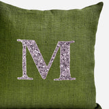 Green Burlap Silver Sequins Monogram Decorative Pillows for Home or Gifting