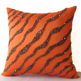 Decorative Throw Pillows -Orange Brown Sea waves in silk sequin bead cushion-16X16 Orange pillow -Bedding -Pillow cover -gift pillow -Autumn