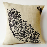 Ivory Burlap Throw Pillows- Embroidered Pillow Covers- Black flower leaves pillow Case-Modern Pillow -Floral Cushion -Gift -Bedding -16x16