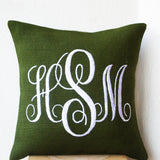 Green Burlap Monogram Pillows -Custom Monogram Pillow- Cursive Three Letters Monogram Pillows- Initial Cushion- Gift- Wedding Pillow-16x16