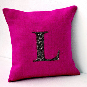 Fuchsia Burlap (Jute or Hessian) Sequin Monogram Throw Pillow Cover