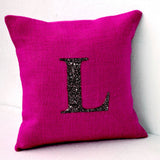 Fuchsia Burlap (Jute or Hessian) Sequin Monogram Throw Pillow Cover