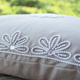 Decorative Pillow Cover In Linen With Pearl Crystal Flower Embroidery