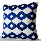 Decorative Throw Pillow -Royal Blue Embroider Pillows- White Silk Ikat Embroider Cushion