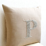 Customized Silver Sequin Monogram Pillow Cover On Beige Gray Linen