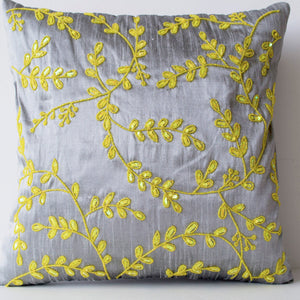 Decorative Gray Yellow Beaded Sequin Throw Pillows With Leaves