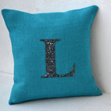 Customized Monogram In Spakeling Black Beads Sequin On Turquoise Blue Burlap Decorative Throw Pillow Cover