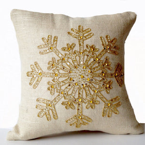 Handcrafted Ivory Burlap Pillow Cover Gold Snowflake on Cream Throw Pillow Cushion Gold Sequin Snow Pillow -16x16