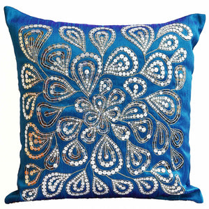 Blue Throw Pillows With Silver Sequins Dazzling Flower Floral Pillow cover