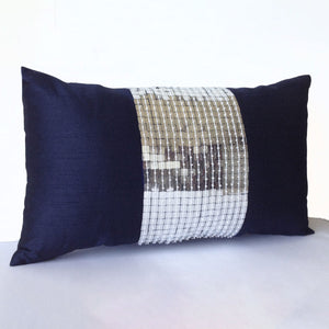 Handmade Navy Blue Metallic Lumbar Pillow