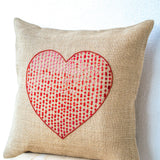 Gracious Love Large Heart Burlap Pillow Cover Embellished In Red Sequin