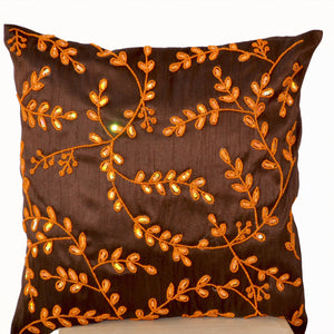 Brown Accent Pillows Orange Bead Sequin Detailed Leaves Cushion