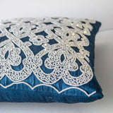 Decorative Throw Pillow In Blue Silk White Sequin Embroidery Accent Pillow Gift