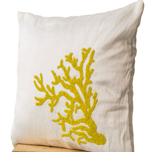 Handmade Nautical Pillow Cover With Yellow Coral Beads On ivory white silk