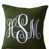 Green Burlap Monogram Pillows -Custom Monogram Pillow- Cursive Three Letters Monogram Pillows- Initial Cushion- Gift- Wedding Pillow-16x16