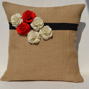 Burlap pillow cover with red white flower Decorative cushion cover Throw pillow