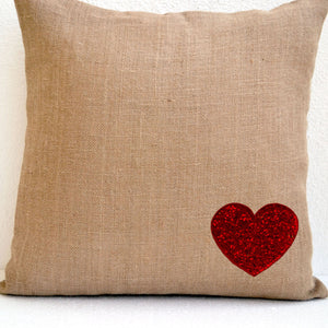 Burlap Heart Cozy Pillow Cover With Red Sequins Best Gift For a Loved One Holiday Decor Valentine