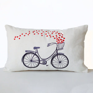 Decorative Throw Pillow Cover with Heart Bicycle Embroidered on Canvas-12x20- Engagement Wedding Anniversary Birthday Gift- Back to School