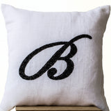 Handmade Cursive Monogram Letter Throw Pillow Cover On White Linen In Beads Sequin