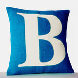 Initial Blue Burlap Pillow Cover With One Letter Custom Monogram For Personalized Home Decor