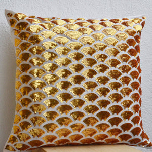 Gold Sequin Pillows With Embroidered Waves Scales Scallops Sashiko Cushion Accent Toss Pillow