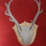 Deer Antler Pillow On Red Burlap With Embroidery For Christmas Decor