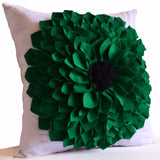 Handcrafted White Pillow Cover With Big Green Felt Flower