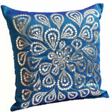 Blue Throw Pillows With Silver Sequins Dazzling Flower Floral Pillow cover