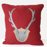 Deer Antler Pillow On Red Burlap With Embroidery For Christmas Decor