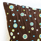 Brown Silk Cushion Cover With Beaded Polka Dots In Blue, Green, White Geometric Pillows