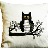 Decorative throw pillows with Owl embroidery- Ivory silk owl pillow - Animal pillow - Sequin cushion -16x16 pillows -  black white pillow