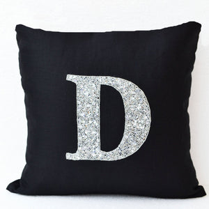 Handcrafted Silver Sequin Monogram Throw Pillows Cover On Black Linen