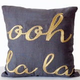 Gray Linen Throw Pillow Cover with Gold Ooh La La Embroidery