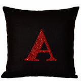 Initial pillow - Red Sequin Monogram decorative pillow- Monogrammed Throw pillows - pillow cover - Black linen pillow 18X18 - Sofa pillow